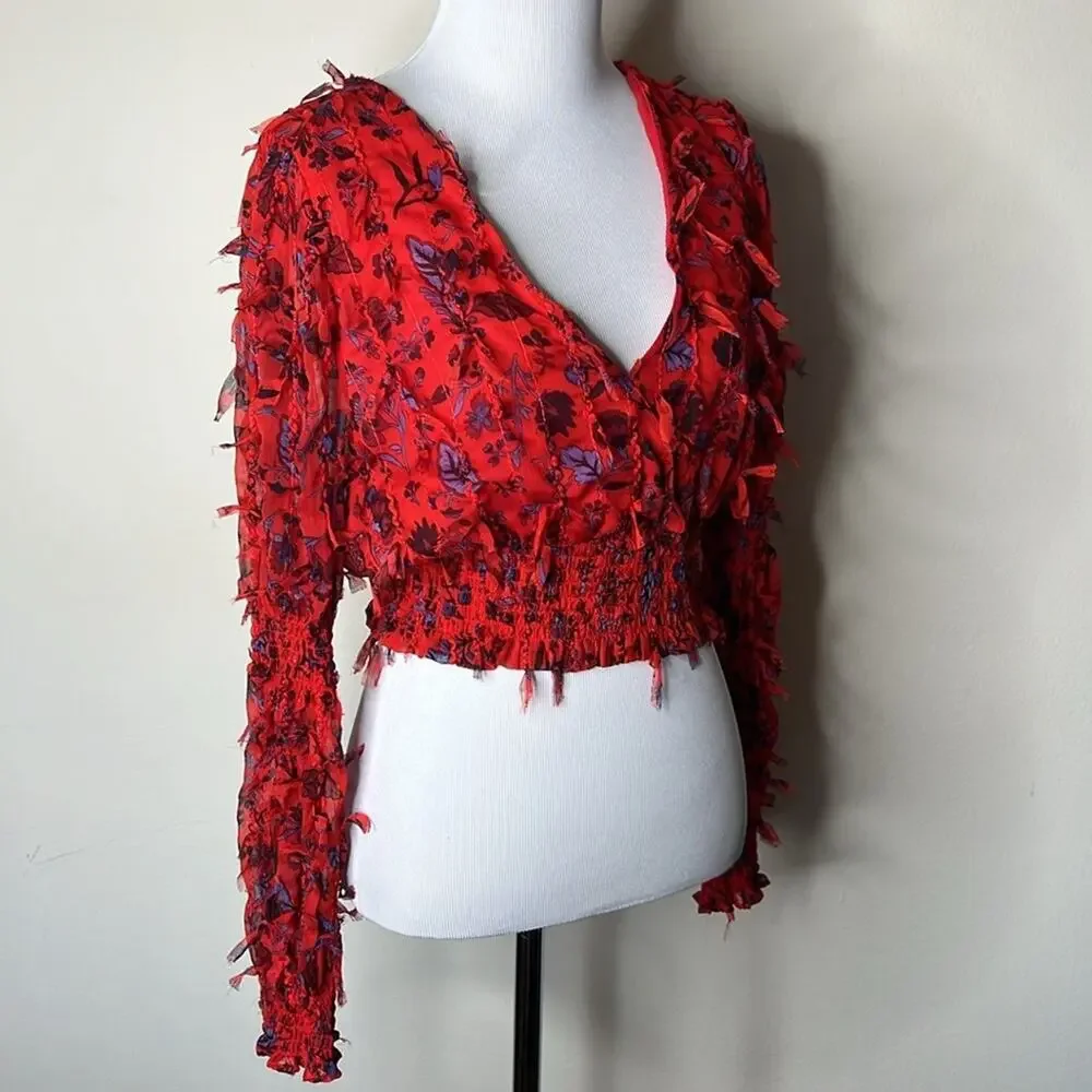 Zara Red Floral Fringe Long Sleeve V-Neck Crop Top